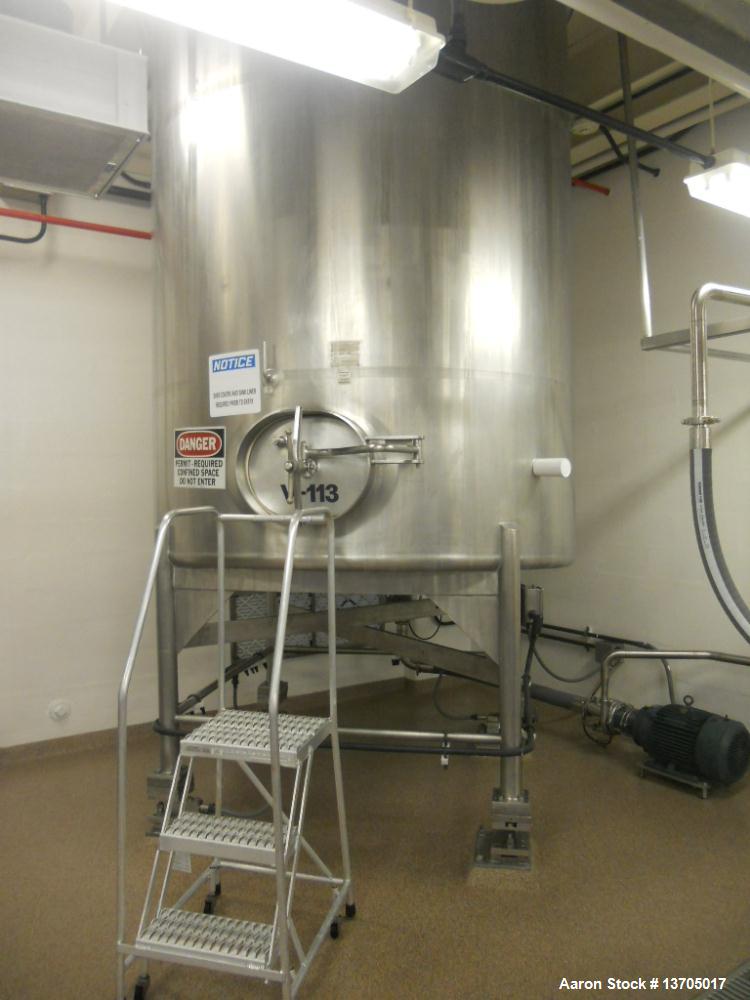 Used 3000 Gallon DCI Sanitary Stainless Steel Vertical Mix Tank, type 316L sanitary stainless steel construction.  7' Diameter x 10'6" straight side; sanitary stainless steel construction; slant bott...