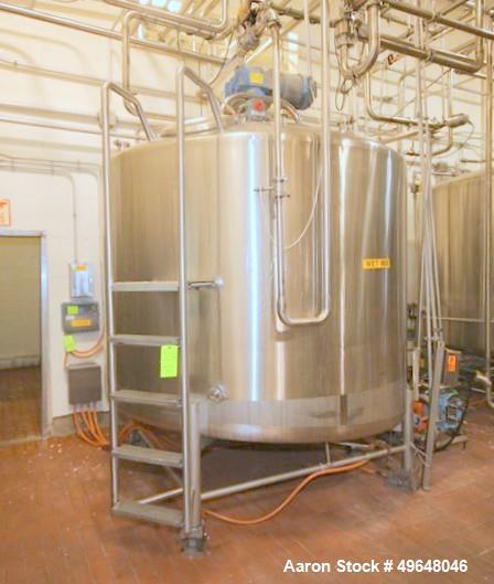 Used DCI 2,000 Gallon Stainless Steel Single Wall Mix Tank, Vertical. Dome Top/Cone Bottom. Top mounted agitation with bottom sweep blade and motor. Top entering baffle. Dual CIP Spray Ball. Mounted ...