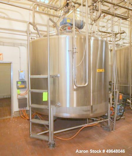 Used- DCI 2,000 Gallon Stainless Steel Single Wall Mix Tank, Vertical. Dome Top/Cone Bottom. Top mounted agitation with bott...