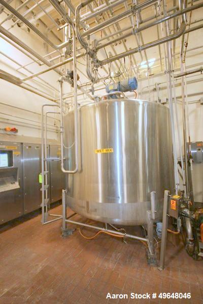 Used DCI 2,000 Gallon Stainless Steel Single Wall Mix Tank, Vertical. Dome Top/Cone Bottom. Top mounted agitation with bottom sweep blade and motor. Top entering baffle. Dual CIP Spray Ball. Mounted ...