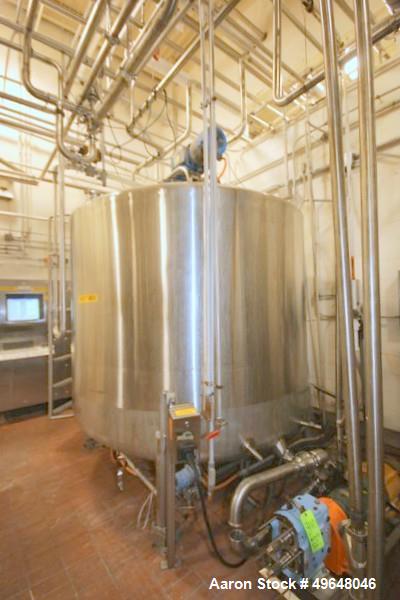 Used DCI 2,000 Gallon Stainless Steel Single Wall Mix Tank, Vertical. Dome Top/Cone Bottom. Top mounted agitation with bottom sweep blade and motor. Top entering baffle. Dual CIP Spray Ball. Mounted ...