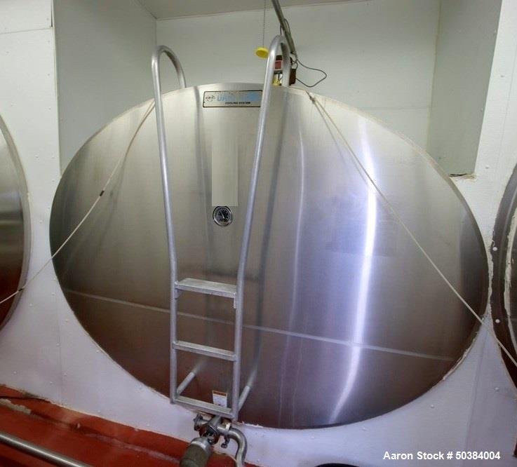 Used Dari-Kool 3,000 Gal. Stainless Steel Horizontal Jacketed Tank, with Vertical Agitation, CIP Spray Ball, and Air Valve, with Stainless Steel Exterior.