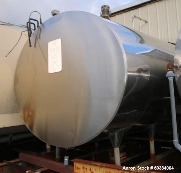 Used Dari-Kool 3,000 Gal. Stainless Steel Horizontal Jacketed Tank, with Vertical Agitation, CIP Spray Ball, and Air Valve, with Stainless Steel Exterior.