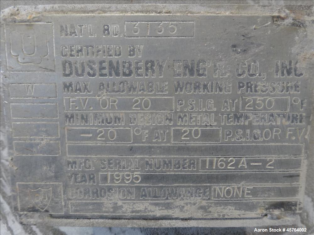 Used- Dusenbery Tank, Approximately 1,000 Gallons, Vertical, 304 Stainless Steel