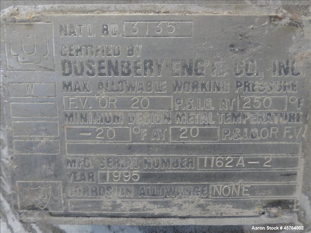 Used Dusenbery Tank, Approximately 1,000 Gallons, Vertical, 304 Stainless Steel