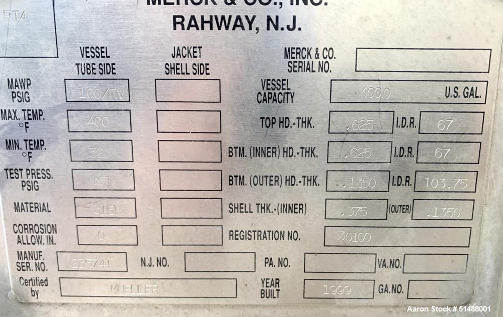 Used- Mueller Stainless Steel 4,000 Gallon Pressure Tank