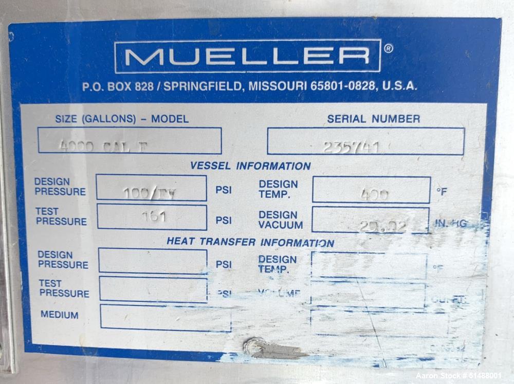 Used Mueller Stainless Steel 4,000 Gallon Pressure Tank