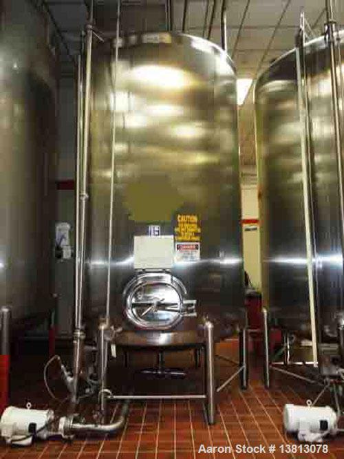 Used Feldmeier Tank, 3,000 Gallons, 304 Stainless Steel, Vertical.  Dish top and bottom with side manway.  Top mounted off-center agitator 60 hz, 480 volt.  Slow speed inlets, sight glass.  3" Tri-cl...