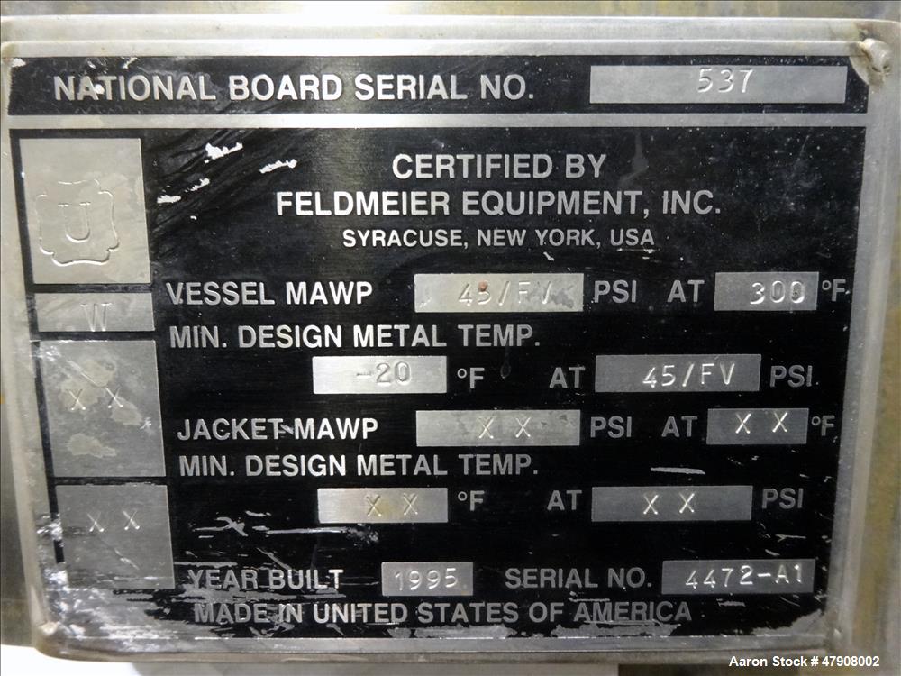 Used Feldmeier Tank, Approximate 3,300 gallon, 316L Stainless Steel, Vertical.