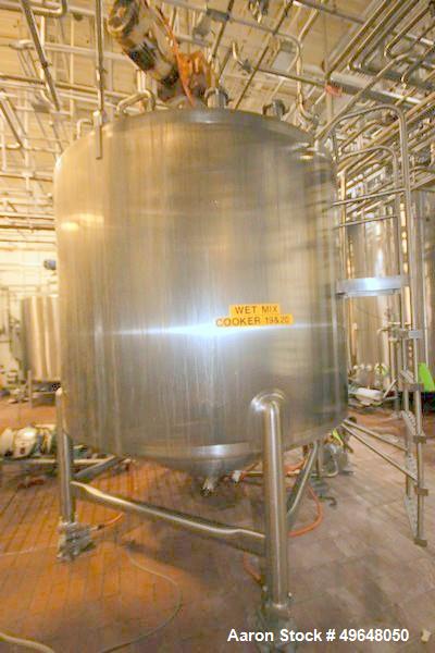 Used Feldmeier Stainless Steel Single Wall Mix Tank, Approximate 1,500 Gallon, Vertical. Internal Tank Dims.  Approx. 92" Tall x 72" Dia. Dished top, cone bottom. Top entering anchor style agitator. ...