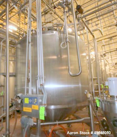 Used Feldmeier Stainless Steel Single Wall Mix Tank, Approximate 1,500 Gallon, Vertical. Internal Tank Dims.  Approx. 92" Tall x 72" Dia. Dished top, cone bottom. Top entering anchor style agitator. ...