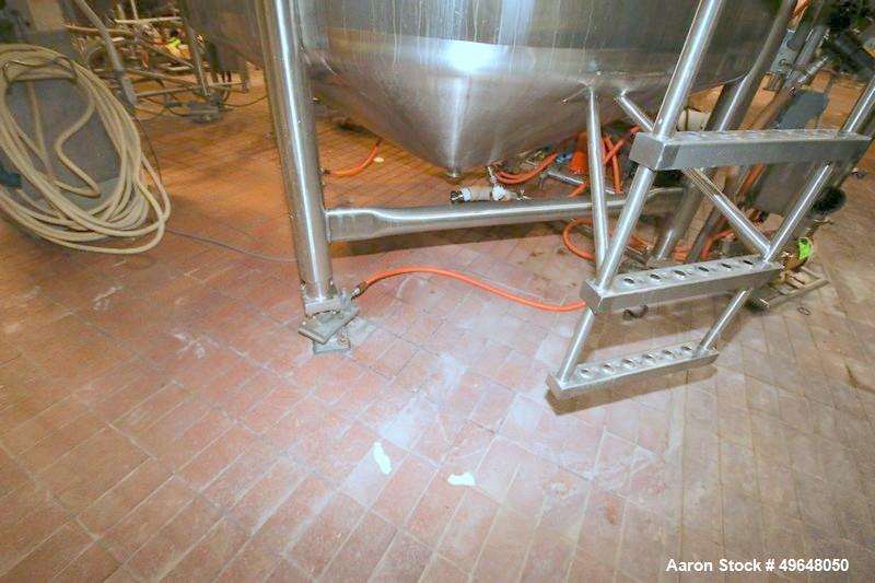 Used Feldmeier Stainless Steel Single Wall Mix Tank, Approximate 1,500 Gallon, Vertical. Internal Tank Dims.  Approx. 92" Tall x 72" Dia. Dished top, cone bottom. Top entering anchor style agitator. ...