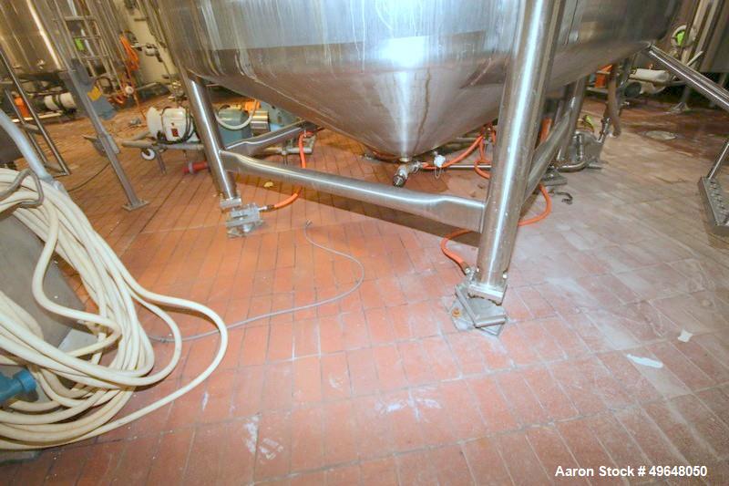 Used Feldmeier Stainless Steel Single Wall Mix Tank, Approximate 1,500 Gallon, Vertical. Internal Tank Dims.  Approx. 92" Tall x 72" Dia. Dished top, cone bottom. Top entering anchor style agitator. ...