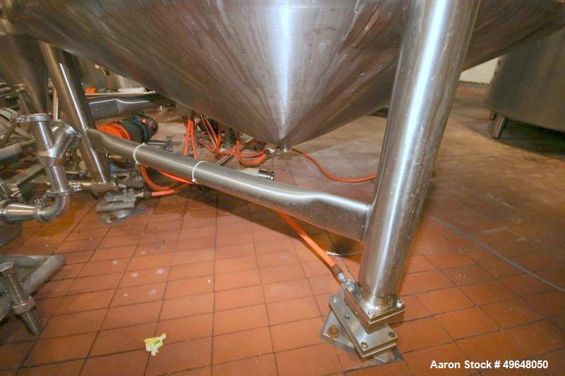 Used Feldmeier Stainless Steel Single Wall Mix Tank, Approximate 1,500 Gallon, Vertical. Internal Tank Dims.  Approx. 92" Tall x 72" Dia. Dished top, cone bottom. Top entering anchor style agitator. ...