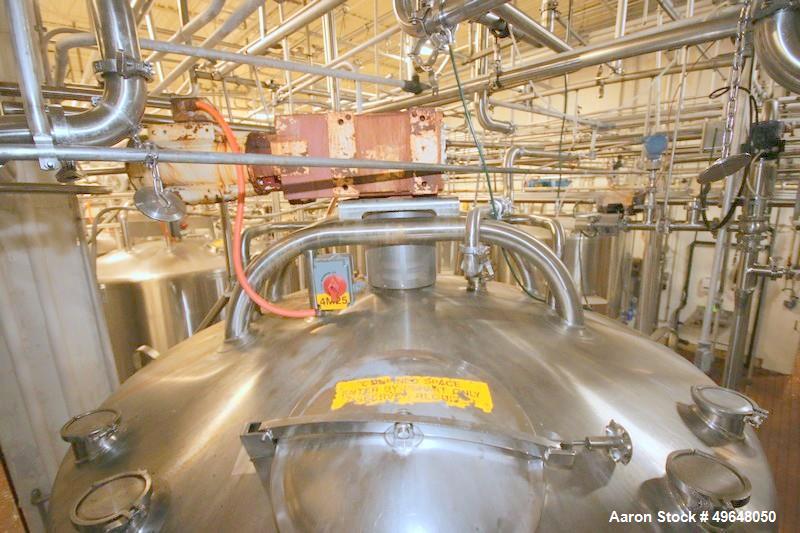 Used Feldmeier Stainless Steel Single Wall Mix Tank, Approximate 1,500 Gallon, Vertical. Internal Tank Dims.  Approx. 92" Tall x 72" Dia. Dished top, cone bottom. Top entering anchor style agitator. ...