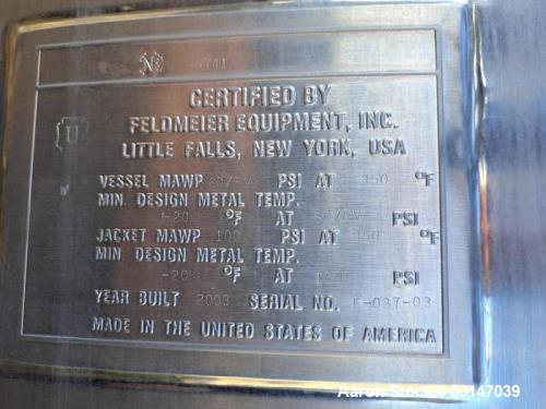 Feldmeier 3,000 Gallon 304 Stainless Steel Tank.