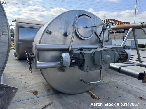 Used Feldmeier 1,700 Gallon 316 Stainless Steel Jacketed Tank. Double motion scraper agitation. Approximate 8' diameter X 4' straight side with approximate 45 degree cone bottom with 4" center bottom...