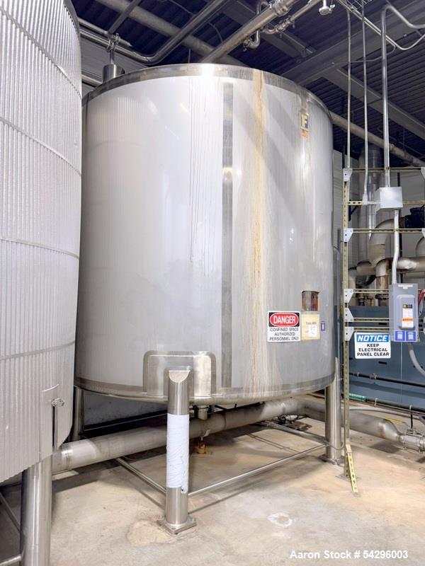 Used Feldmeier Stainless Steel Tank, Approximate 4,700 gallon. Vertical, slight dished top and bottom, center bottom outlet, on (4) stinless steel legs.