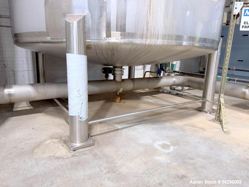 Used Feldmeier Stainless Steel Tank, Approximate 4,700 gallon. Vertical, slight dished top and bottom, center bottom outlet, on (4) stinless steel legs.