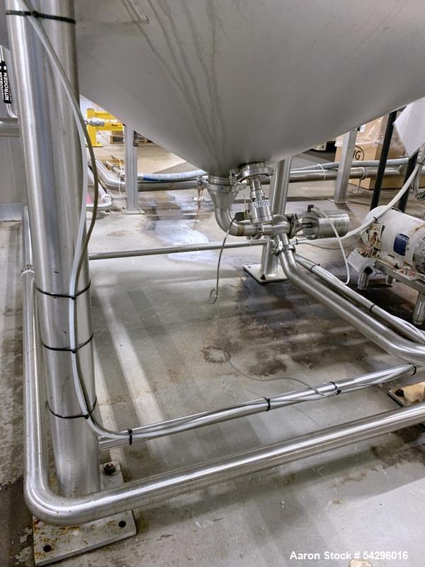 Used Feldmeier Stainless Steel Jacketed Tank, Approximate 1,200 Gallon.  Vertical, dish top, cone bottom, center bottom outlet, on (4) stainless steel legs.
