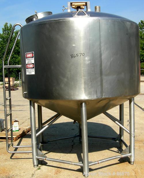 Used Feldmeier Mix Tank, 1000 Gallon, 304 Stainless Steel, Vertical. 82" Diameter x 48" straight side. Dished top, 44" coned bottom. Insulated. Fixed stainless steel agitator bridge with an approxima...