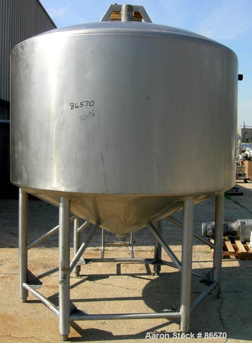 Used Feldmeier Mix Tank, 1000 Gallon, 304 Stainless Steel, Vertical. 82" Diameter x 48" straight side. Dished top, 44" coned bottom. Insulated. Fixed stainless steel agitator bridge with an approxima...