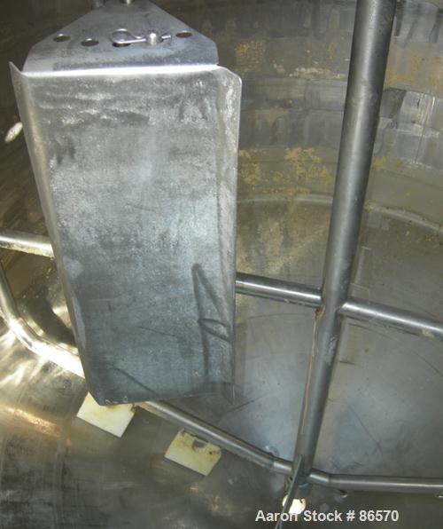 Used Feldmeier Mix Tank, 1000 Gallon, 304 Stainless Steel, Vertical. 82" Diameter x 48" straight side. Dished top, 44" coned bottom. Insulated. Fixed stainless steel agitator bridge with an approxima...