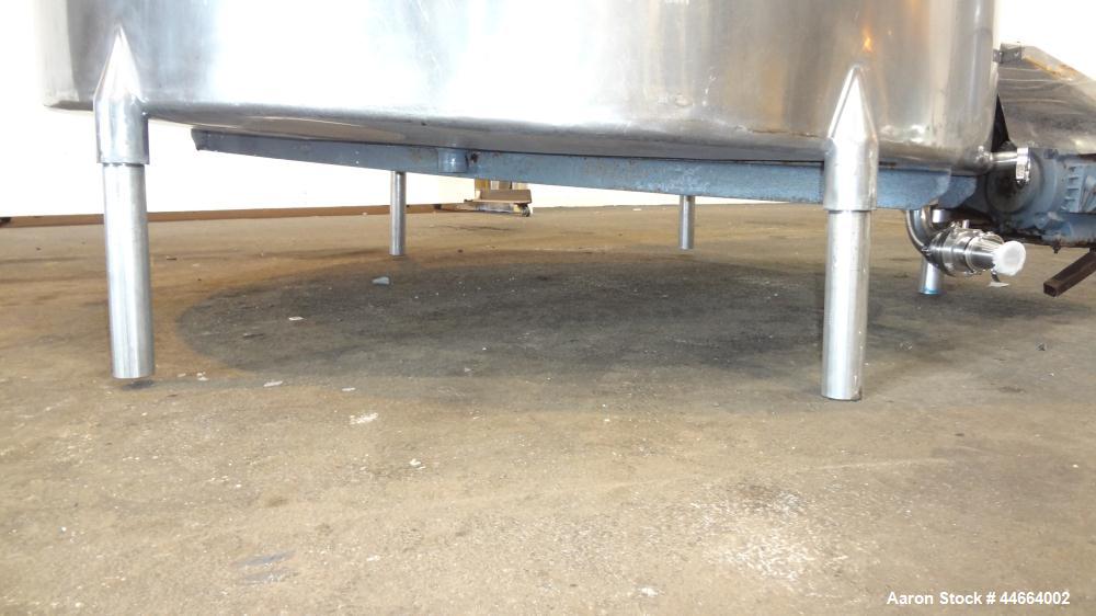 Used Filpaco Tank, 2000 Gallons, 304 Stainless Steel, Vertical. Approximate 86” Diameter X 81” straight side, open top with (2) covers, sloped bottom. Side bottom entering agitator with a (3) blade p...