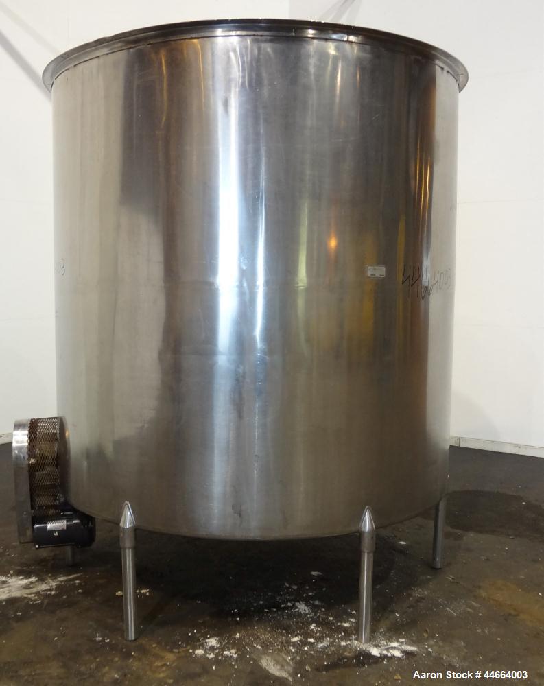 Used Filpaco Tank, 2000 Gallons, 304 Stainless Steel, Vertical. 86” Diameter X 84” straight side, open top with (2) covers, cone bottom. Side bottom entering agitator with a (3) blade prop driven by ...