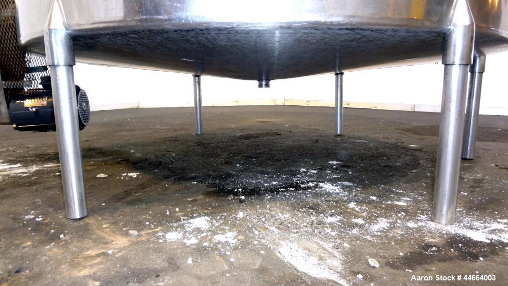 Used Filpaco Tank, 2000 Gallons, 304 Stainless Steel, Vertical. 86” Diameter X 84” straight side, open top with (2) covers, cone bottom. Side bottom entering agitator with a (3) blade prop driven by ...