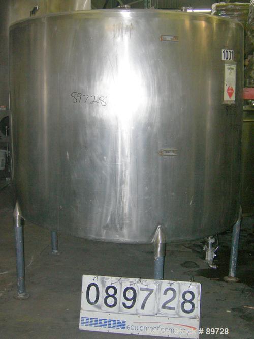 USED: G & F Manufacturing tank, 1000 gallon, 304 stainless steel, vertical. 74" diameter x 58" straight side, slight coned top, sloped bottom. Side bottom 3 blade agitator, driven by a 1 hp, 3/60/208...