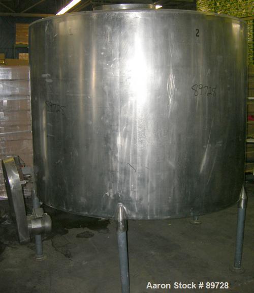 USED: G & F Manufacturing tank, 1000 gallon, 304 stainless steel, vertical. 74" diameter x 58" straight side, slight coned top, sloped bottom. Side bottom 3 blade agitator, driven by a 1 hp, 3/60/208...