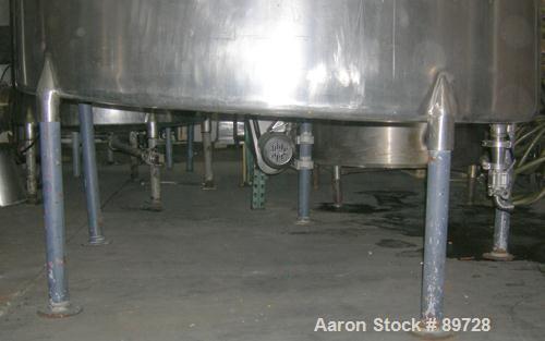 USED: G & F Manufacturing tank, 1000 gallon, 304 stainless steel, vertical. 74" diameter x 58" straight side, slight coned top, sloped bottom. Side bottom 3 blade agitator, driven by a 1 hp, 3/60/208...