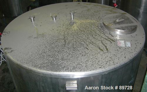 USED: G & F Manufacturing tank, 1000 gallon, 304 stainless steel, vertical. 74" diameter x 58" straight side, slight coned top, sloped bottom. Side bottom 3 blade agitator, driven by a 1 hp, 3/60/208...