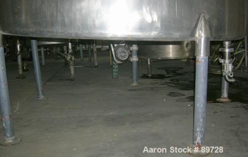 USED: G & F Manufacturing tank, 1000 gallon, 304 stainless steel, vertical. 74" diameter x 58" straight side, slight coned top, sloped bottom. Side bottom 3 blade agitator, driven by a 1 hp, 3/60/208...
