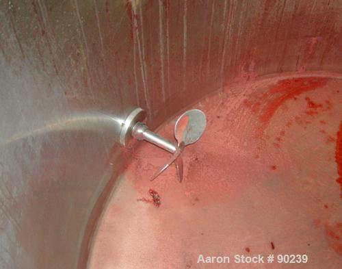 USED: G & F Manufacturing tank, 1000 gallon, 304 stainless steel, vertical. 74" diameter x 58" straight side, slight coned top, sloped bottom. Side bottom 3 blade agitator, driven by a 1 hp, 3/60/208...