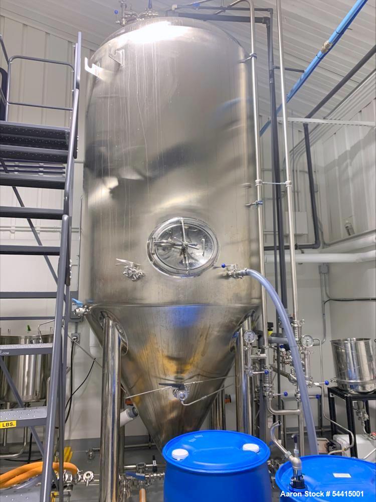 Used Glacier Tanks Stainless Steel Brew Tank, 40 BBL (1,240 Gallon). 304 stainless steel. Cone bottom. Center bottom outlet. Side manway. On (4) legs. SN GT-V-3215.
