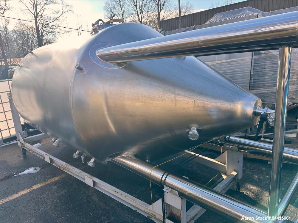Used Glacier Tanks Stainless Steel Brew Tank, 40 BBL (1,240 Gallon). 304 stainless steel. Cone bottom. Center bottom outlet. Side manway. On (4) legs. SN GT-V-3215.