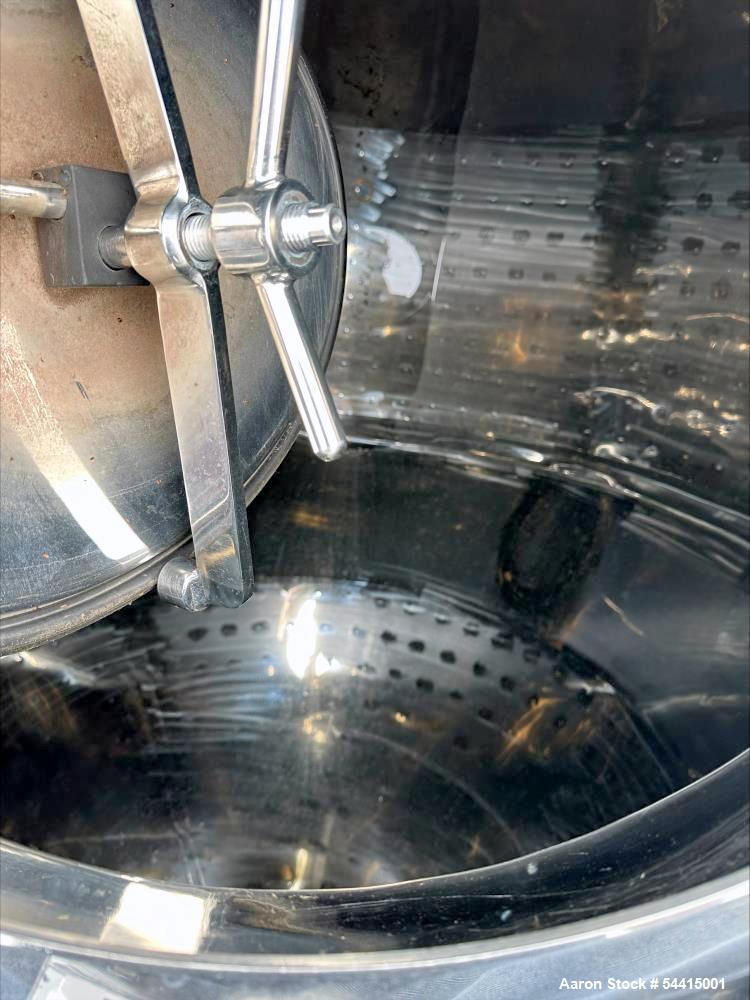 Used Glacier Tanks Stainless Steel Brew Tank, 40 BBL (1,240 Gallon). 304 stainless steel. Cone bottom. Center bottom outlet. Side manway. On (4) legs. SN GT-V-3215.