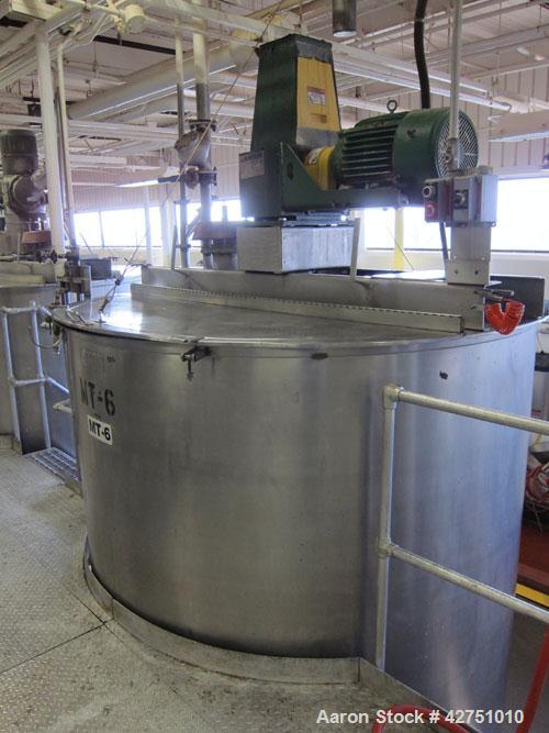 Used Groen Tank, 2000 Gallon, Model 2000 SP, Stainless Steel, Vertical. 84" Diameter x 90" straight side. Open top with (2) 1/3 hinged covers, coned bottom. Stainless steel agitator bridge with a Lig...