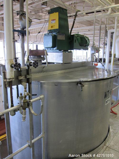 Used Groen Tank, 2000 Gallon, Model 2000 SP, Stainless Steel, Vertical. 84" Diameter x 90" straight side. Open top with (2) 1/3 hinged covers, coned bottom. Stainless steel agitator bridge with a Lig...
