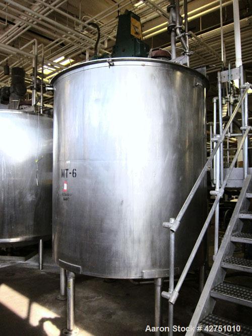 Used Groen Tank, 2000 Gallon, Model 2000 SP, Stainless Steel, Vertical. 84" Diameter x 90" straight side. Open top with (2) 1/3 hinged covers, coned bottom. Stainless steel agitator bridge with a Lig...