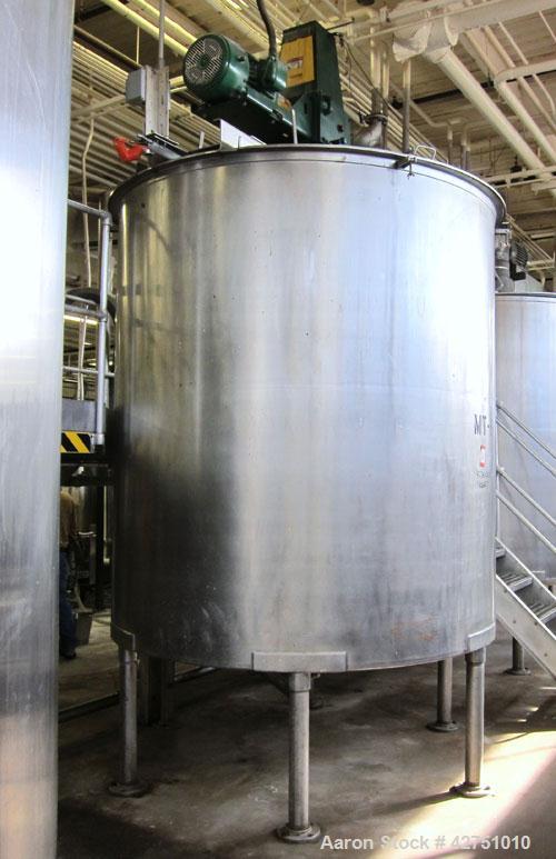 Used Groen Tank, 2000 Gallon, Model 2000 SP, Stainless Steel, Vertical. 84" Diameter x 90" straight side. Open top with (2) 1/3 hinged covers, coned bottom. Stainless steel agitator bridge with a Lig...