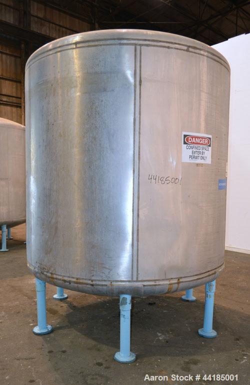 Used Groen Tank, 2500 Gallons, 304 Stainless Steel, Vertical. 90” Diameter x 78” straight side, dished top and bottom. Openings top (2) 1-5/8” threaded, 2-1/2” threaded, 15-3/4” man way with cover. 2...