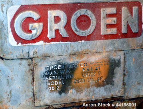Used Groen Tank, 2500 Gallons, 304 Stainless Steel, Vertical. 90” Diameter x 78” straight side, dished top and bottom. Openings top (2) 1-5/8” threaded, 2-1/2” threaded, 15-3/4” man way with cover. 2...