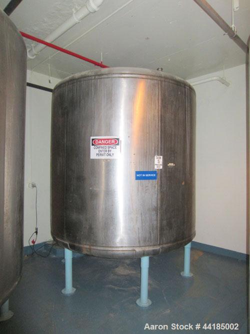Used Groen Tank, 2500 Gallons, 304 Stainless Steel, Vertical. 90” Diameter x 78” straight side, dished top and bottom. Openings: top (2) 1-5/8” threaded, 2-1/2” threaded, 15-3/4” manway with cover; 2...
