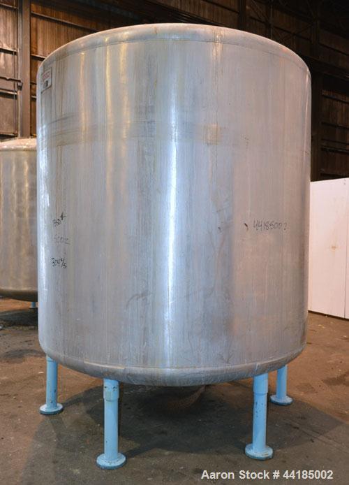 Used Groen Tank, 2500 Gallons, 304 Stainless Steel, Vertical. 90” Diameter x 78” straight side, dished top and bottom. Openings: top (2) 1-5/8” threaded, 2-1/2” threaded, 15-3/4” manway with cover; 2...