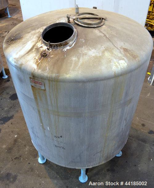 Used Groen Tank, 2500 Gallons, 304 Stainless Steel, Vertical. 90” Diameter x 78” straight side, dished top and bottom. Openings: top (2) 1-5/8” threaded, 2-1/2” threaded, 15-3/4” manway with cover; 2...