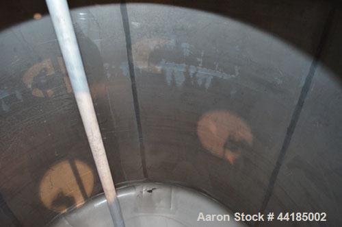 Used Groen Tank, 2500 Gallons, 304 Stainless Steel, Vertical. 90” Diameter x 78” straight side, dished top and bottom. Openings: top (2) 1-5/8” threaded, 2-1/2” threaded, 15-3/4” manway with cover; 2...