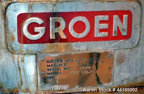 Used Groen Tank, 2500 Gallons, 304 Stainless Steel, Vertical. 90” Diameter x 78” straight side, dished top and bottom. Openings: top (2) 1-5/8” threaded, 2-1/2” threaded, 15-3/4” manway with cover; 2...